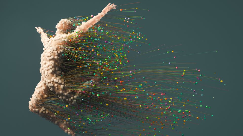 Abstract 3D rendering of a human figure dissolving into colorful data points, symbolizing spatial proteomics.