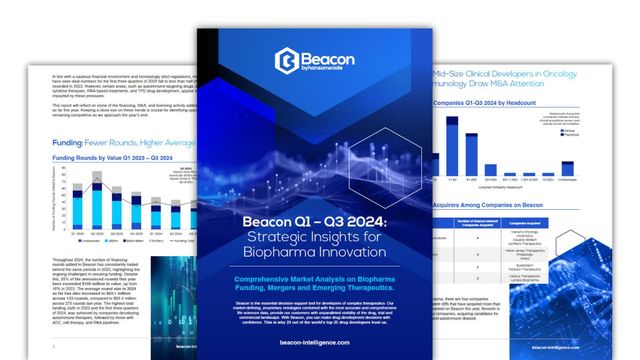 Beacon Q1-Q3 2024 strategic insights report cover featuring data charts and biopharma funding analysis visuals
