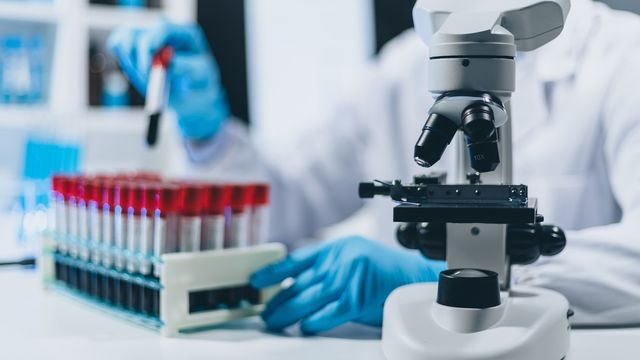 A scientist tests is in the background handling biological fluids in test tubes with a microscope in the foreground