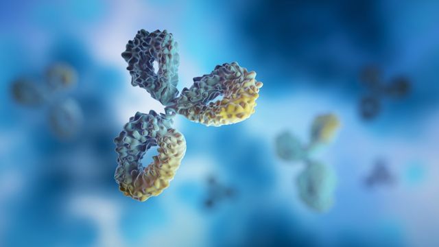 3D rendering of antibody-drug conjugates (ADCs) in a blue molecular environment, showcasing complex antibody structures.