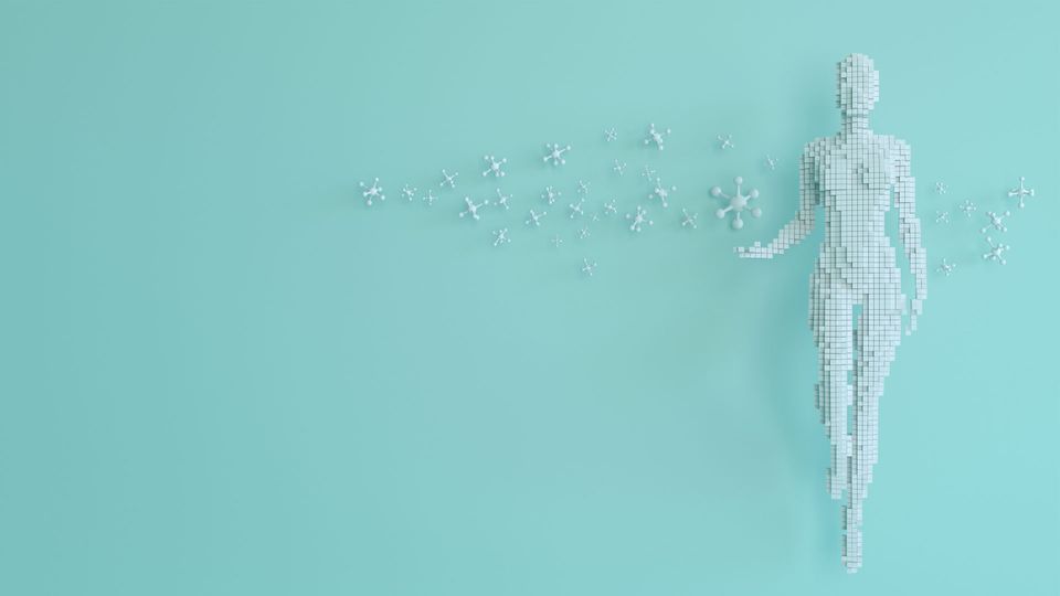 A graphic of a person surrounded by molecules, illustrating metabolomics and its emerging role in healthcare.