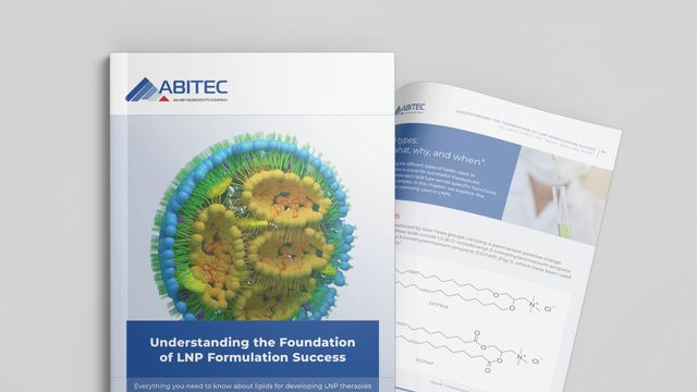 ABITEC eBook featuring a 3D lipid nanoparticle illustration on the cover and an open page displaying chemical structures and scientific content