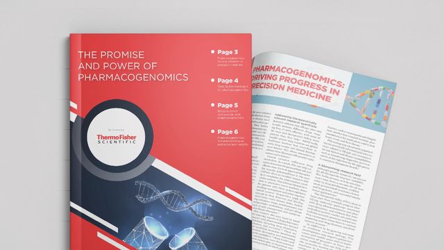 Thermo Fisher Scientific eBook cover and open page discussing the promise and power of pharmacogenomics.
