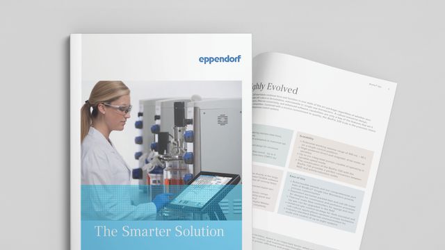 Eppendorf eBook cover and open page featuring laboratory solutions with a scientist operating advanced bioreactor equipment