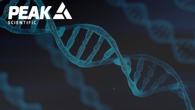 Blue DNA strand against a dark background with the Peak Scientific logo, representing sustainable labs and innovative scientific solution 