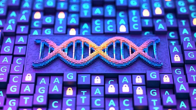Stylized DNA strand surrounded by nucleotide letters and padlock icons representing genetic data security.