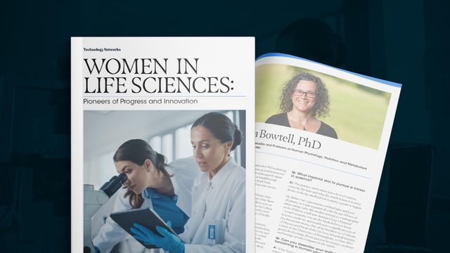 ebook titled 'Women in Life Sciences: Pioneers of Progress and Innovation' with a scientist at a microscope and researcher profile